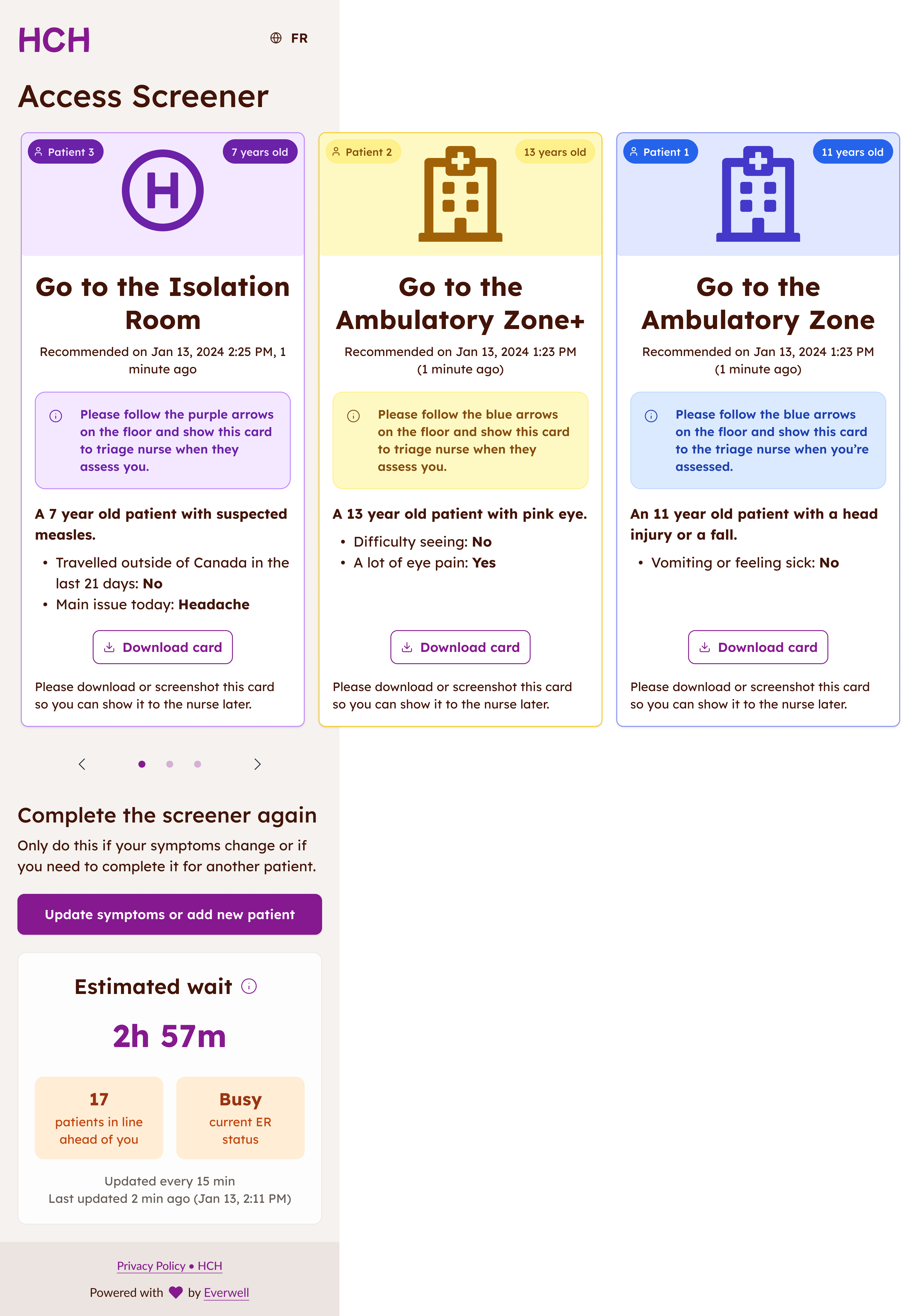Scrollable results page showing multiple summary cards for different patients with age and navigation indicators